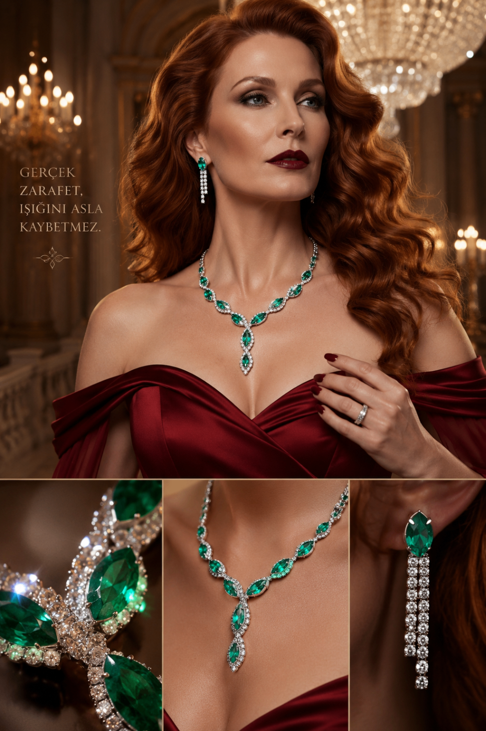 Editorial collage featuring emerald jewelry portrait and close-up details