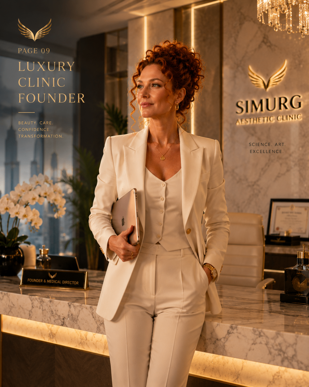 Luxury clinic founder in a marble clinic interior